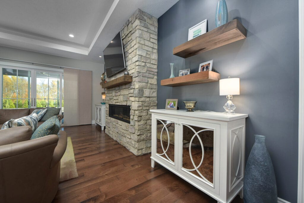 A beautiful living room with grey wall